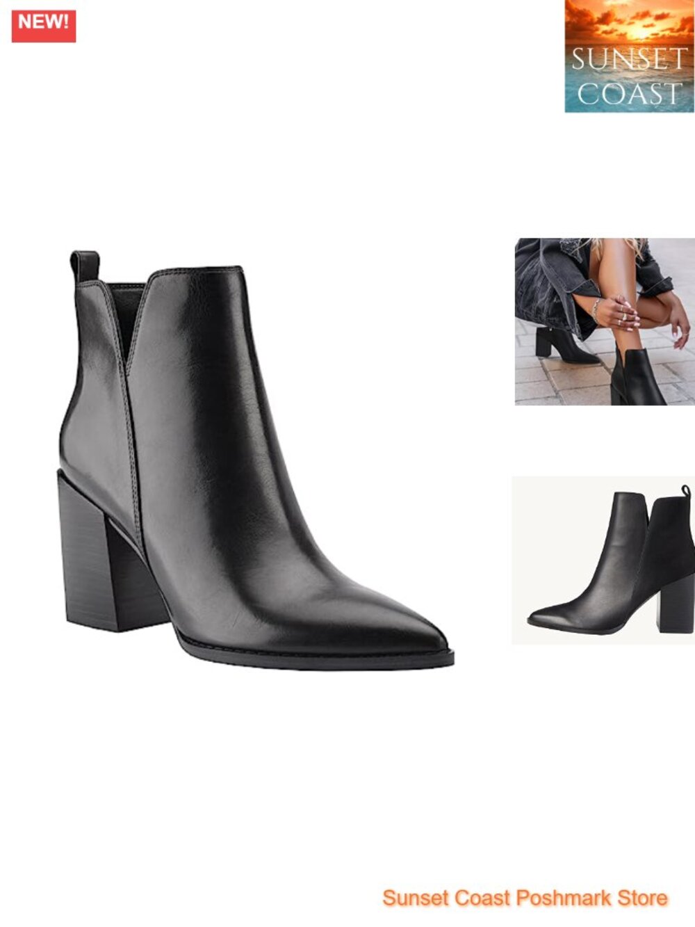 Faux Leather Ankle Boots Pointed Toe Chunky Heel V Cutout Western Booties
